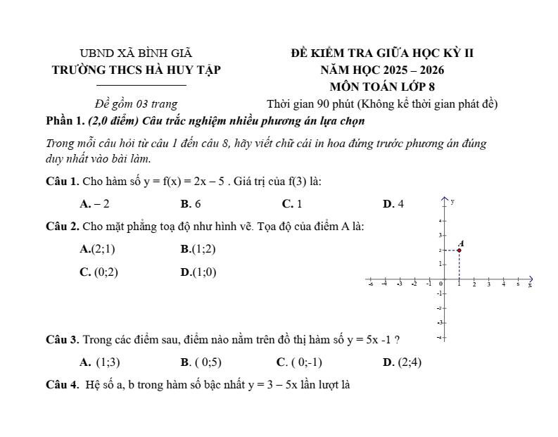 Đề thi Giữa kì 2 Toán 8 trường THCS Hà Huy Tập (TP HCM) năm 2025-2026