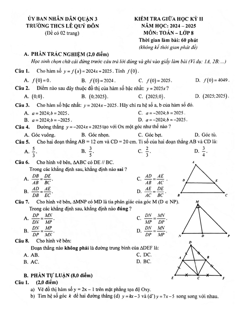 Đề thi Giữa kì 2 Toán 8 trường THCS Lê Quý Đôn (Tp.HCM) năm 2024-2025