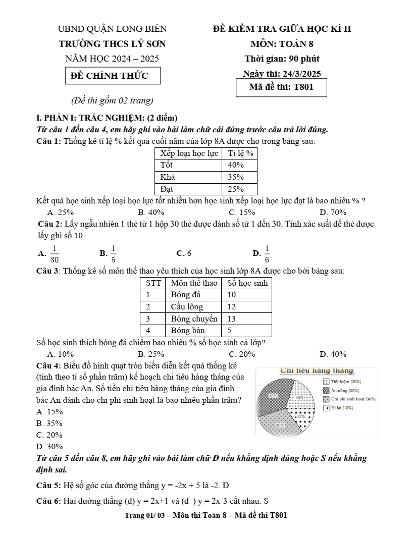 Đề thi Giữa kì 2 Toán 8 trường THCS Lý Sơn (Hà Nội) năm 2024-2025