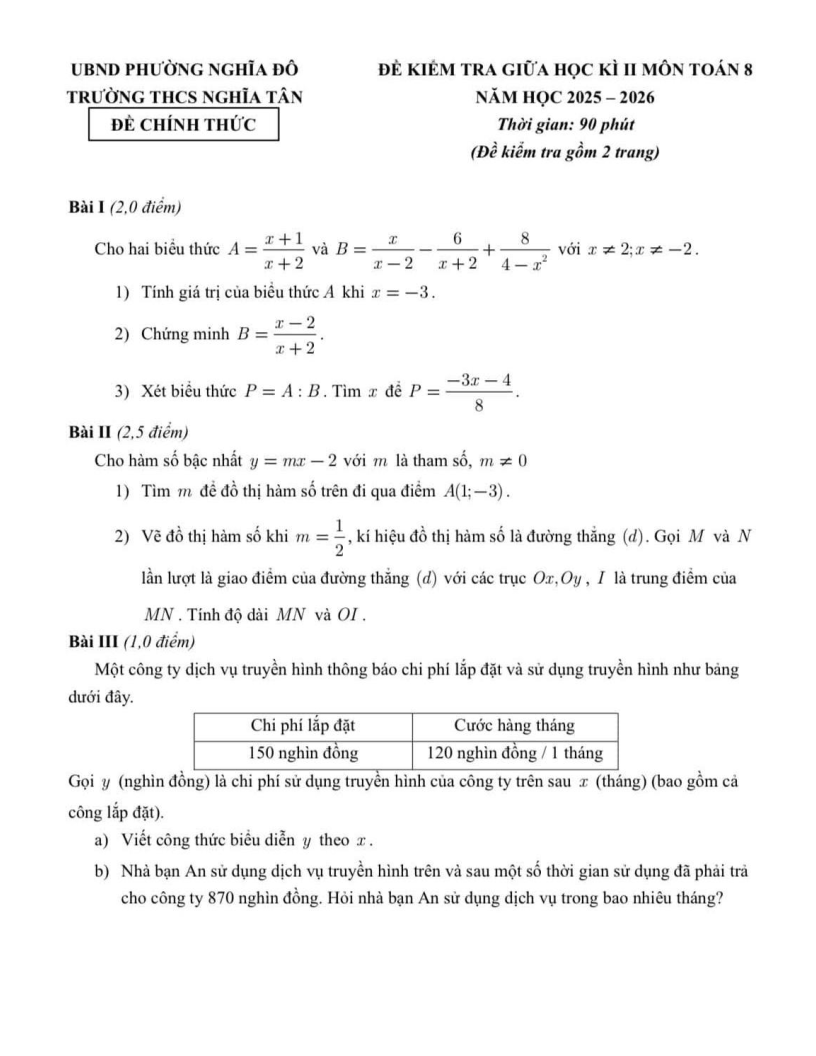 Đề thi Giữa kì 2 Toán 8 trường THCS Nghĩa Tân (Hà Nội) năm 2025-2026