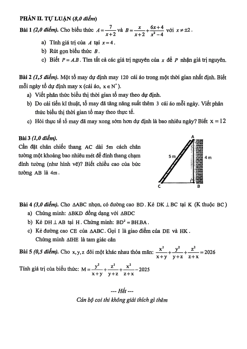 Đề thi Giữa kì 2 Toán 8 trường THCS Nguyễn Công Trứ (Hà Nội) năm 2025-2026