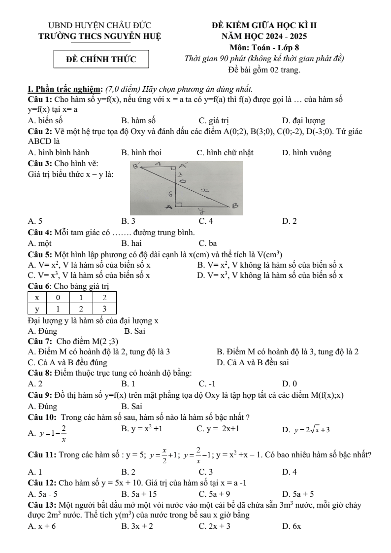 Đề thi Giữa kì 2 Toán 8 trường THCS Nguyễn Huệ (Bà Rịa - Vũng Tàu) năm 2024-2025