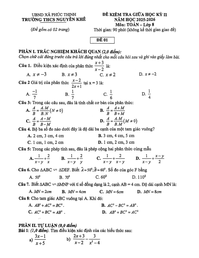 Đề thi Giữa kì 2 Toán 8 trường THCS Nguyên Khê (Hà Nội) năm 2025-2026