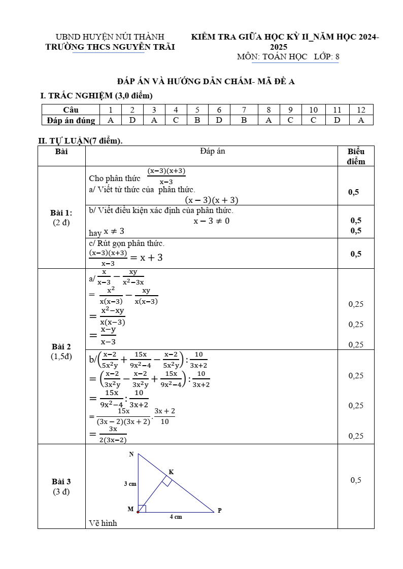 Đề thi Giữa kì 2 Toán 8 trường THCS Nguyễn Trãi (Quảng Nam) năm 2024-2025