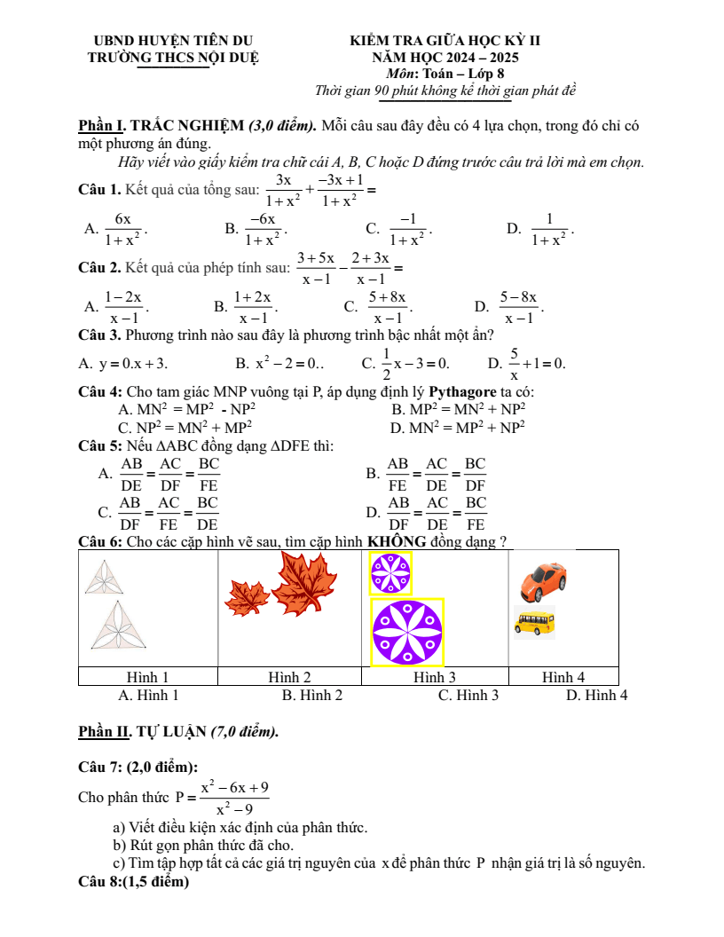 Đề thi Giữa kì 2 Toán 8 trường THCS Nội Duệ (Bắc Ninh) năm 2024-2025