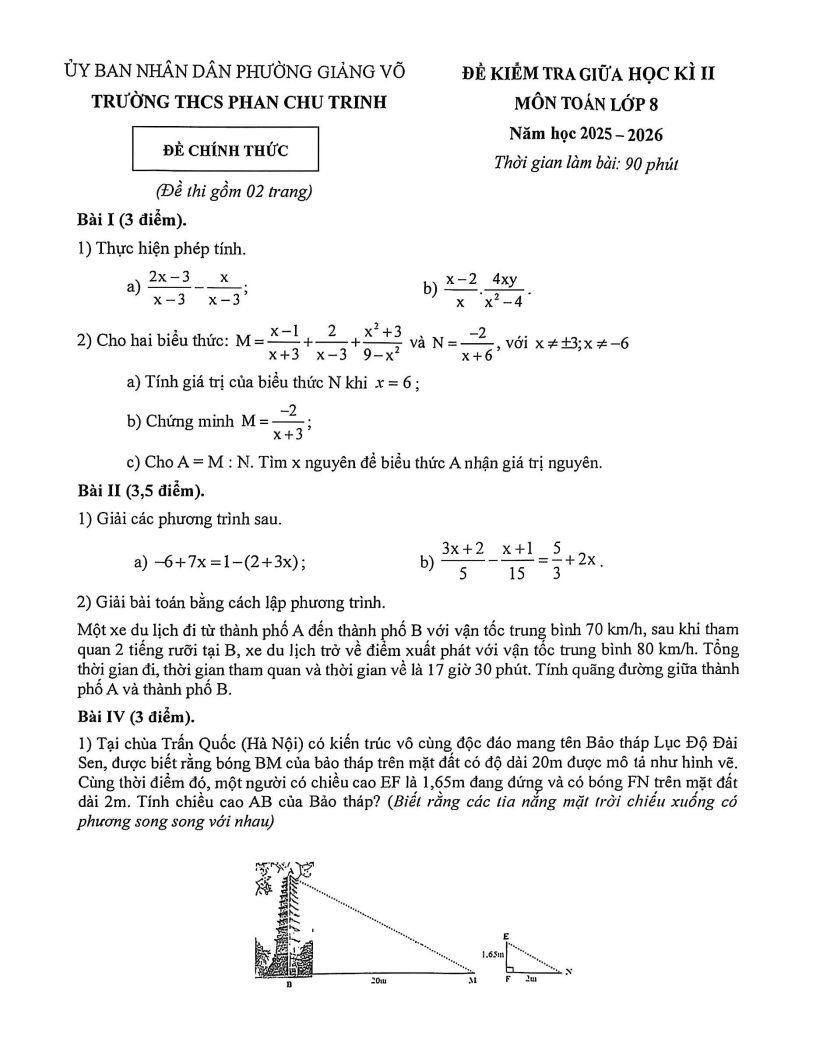 Đề thi Giữa kì 2 Toán 8 trường THCS Phan Chu Trinh (Hà Nội) năm 2025-2026