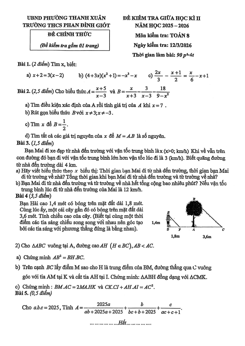 Đề thi Giữa kì 2 Toán 8 trường THCS Phan Đình Giót (Hà Nội) năm 2025-2026