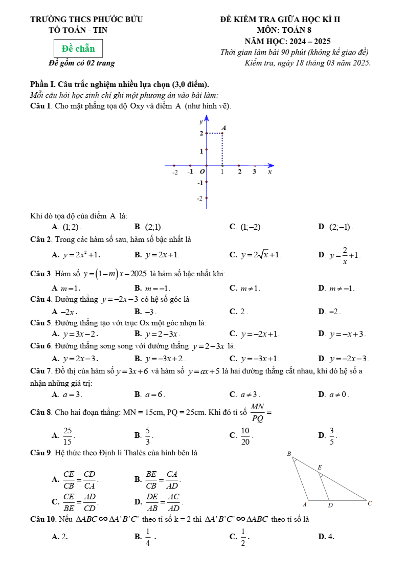 Đề thi Giữa kì 2 Toán 8 trường THCS Phước Bửu (Bà Rịa - Vũng Tàu) năm 2024-2025