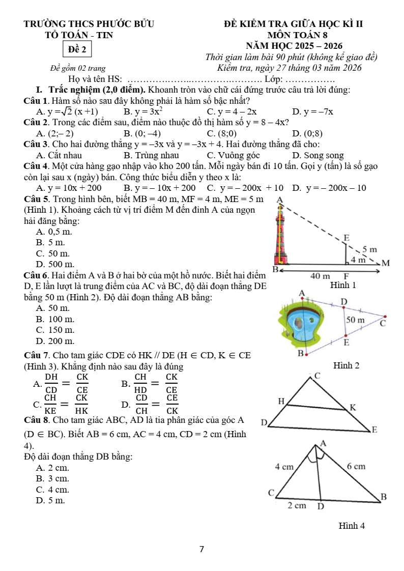 Đề thi Giữa kì 2 Toán 8 trường THCS Phước Bửu (TP HCM) năm 2025-2026