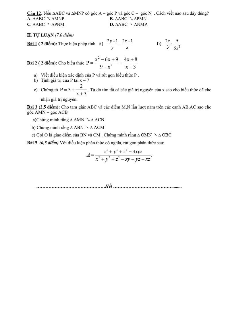 Đề thi Giữa kì 2 Toán 8 trường THCS Quảng Hải (Thanh Hóa) năm 2024-2025