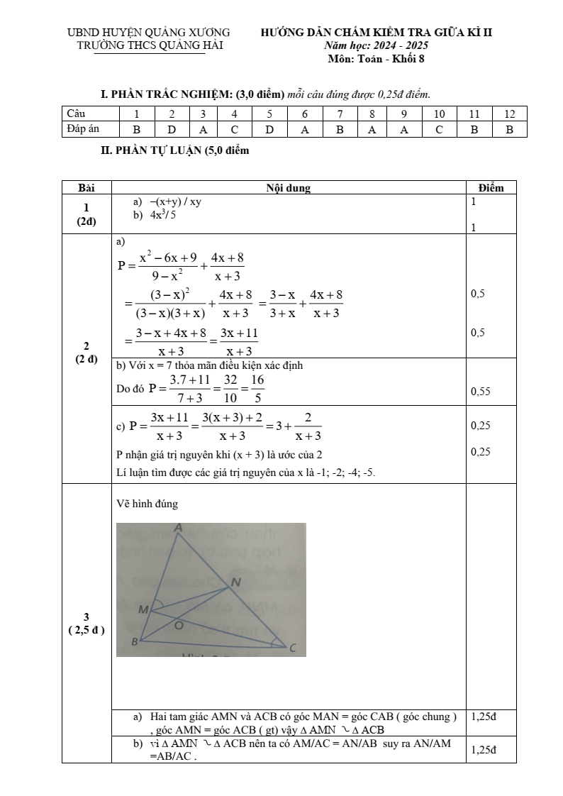 Đề thi Giữa kì 2 Toán 8 trường THCS Quảng Hải (Thanh Hóa) năm 2024-2025