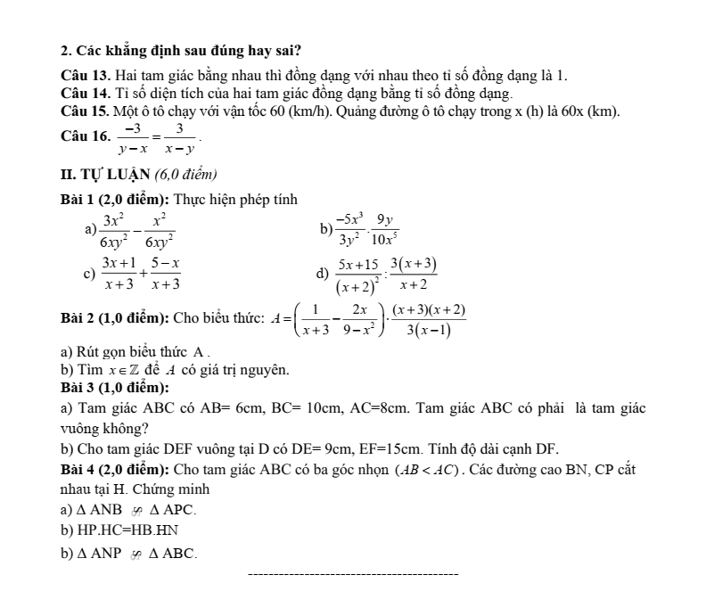 Đề thi Giữa kì 2 Toán 8 trường THCS Quế Thuận (Đà Nẵng) năm 2025-2026