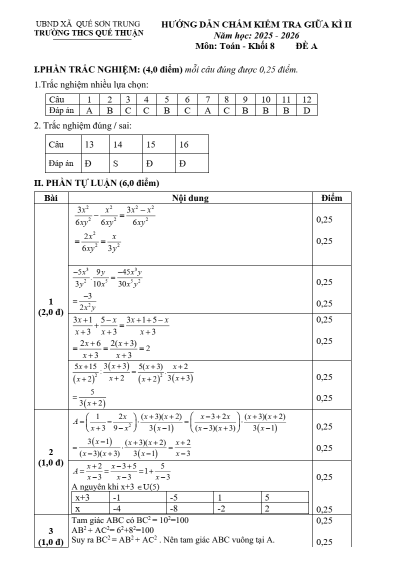 Đề thi Giữa kì 2 Toán 8 trường THCS Quế Thuận (Đà Nẵng) năm 2025-2026
