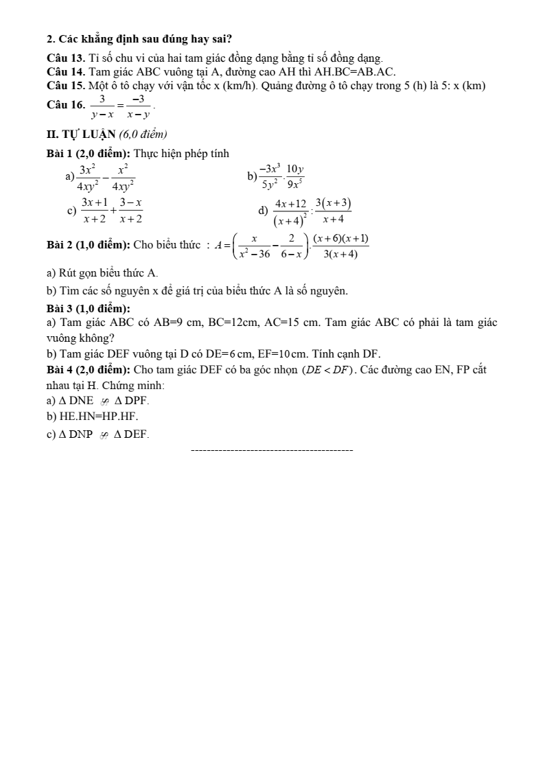 Đề thi Giữa kì 2 Toán 8 trường THCS Quế Thuận (Đà Nẵng) năm 2025-2026
