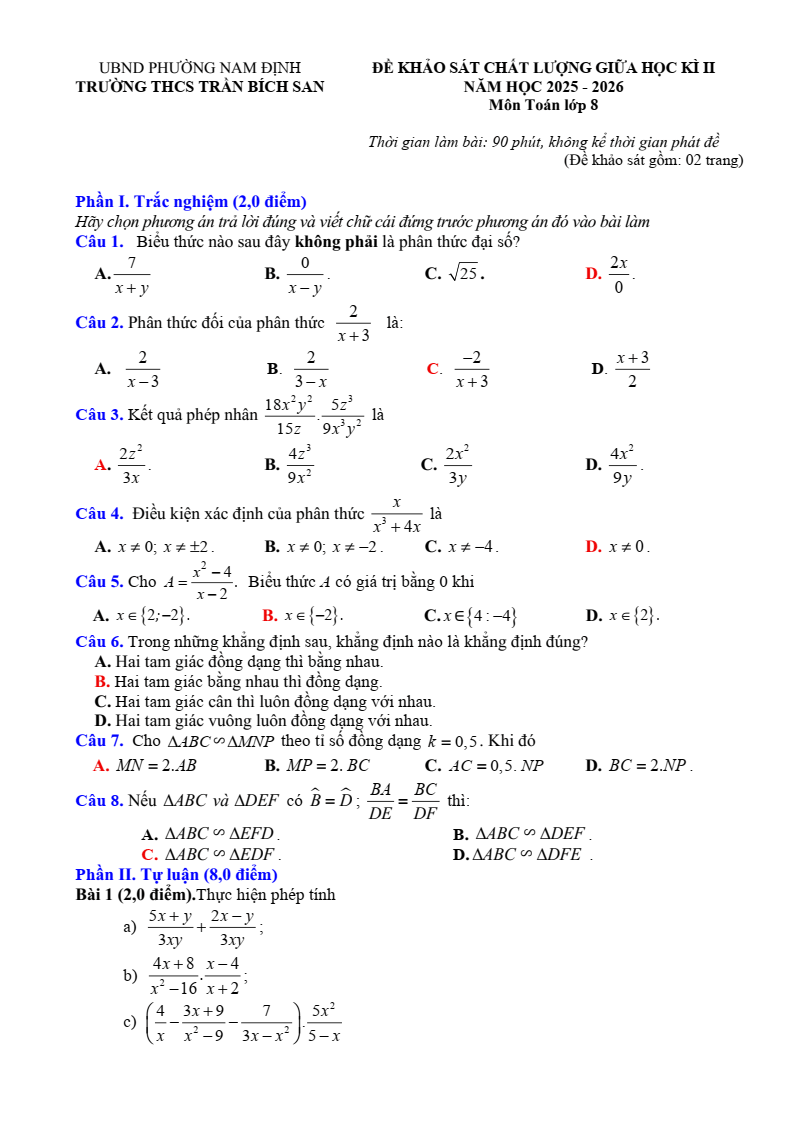 Đề thi Giữa kì 2 Toán 8 trường THCS Trần Bích San (Ninh Bình) năm 2025-2026
