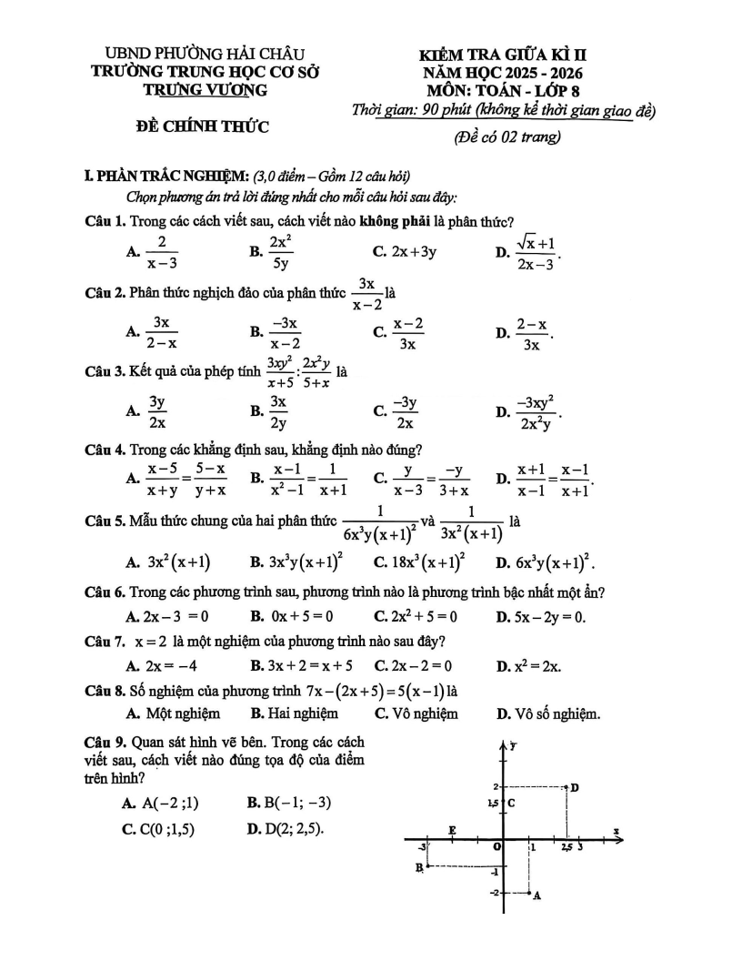 Đề thi Giữa kì 2 Toán 8 trường THCS Trưng Vương (Đà Nẵng) năm 2025-2026