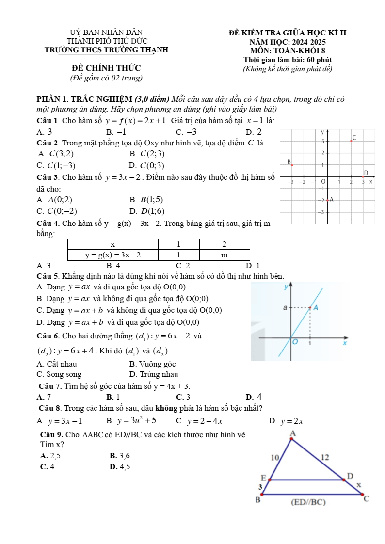 Đề thi Giữa kì 2 Toán 8 trường THCS Trường Thạnh (Tp.HCM) năm 2024-2025