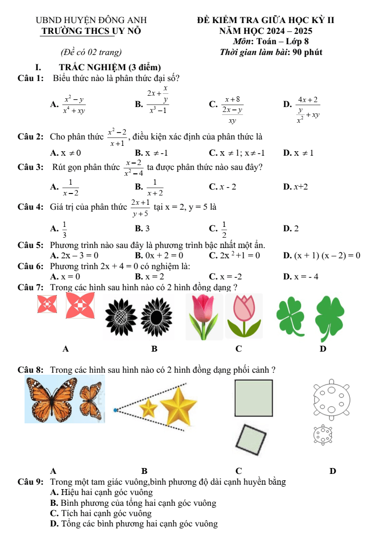 Đề thi Giữa kì 2 Toán 8 trường THCS Uy Nỗ (Hà Nội) năm 2024-2025