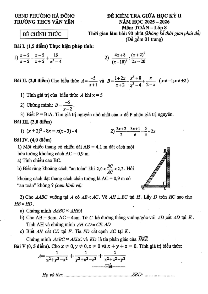Đề thi Giữa kì 2 Toán 8 trường THCS Văn Yên (Hà Nội) năm 2025-2026