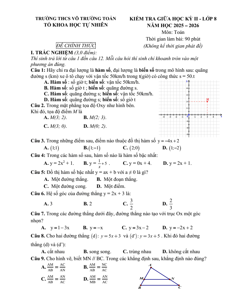 Đề thi Giữa kì 2 Toán 8 trường THCS Võ Trường Toản (TP HCM) năm 2025-2026