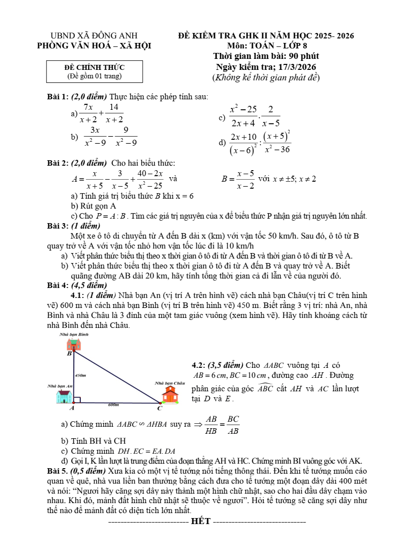 Đề thi Giữa kì 2 Toán 8 xã Đông Anh (Hà Nội) năm 2025-2026
