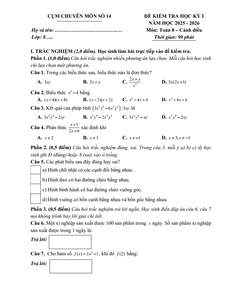 Đề thi Học kì 1 Toán 8 cụm chuyên môn số 14 Hà Nội năm 2025-2026