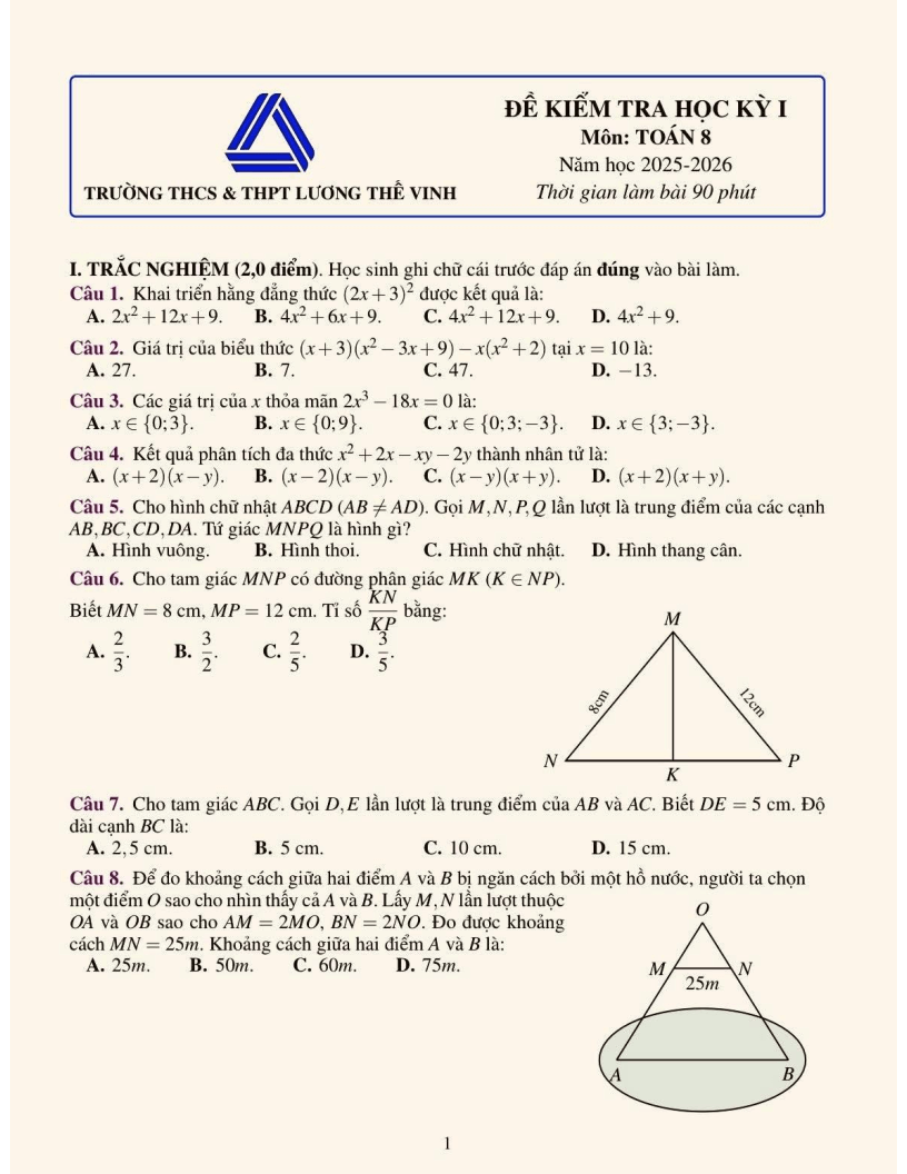 Đề thi Học kì 1 Toán 8 trường Lương Thế Vinh (Hà Nội) năm 2025-2026