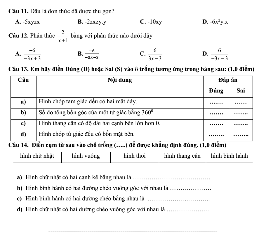 Đề thi Học kì 1 Toán 8 năm 2024-2025 trường TH - THCS Thắng Lợi (Kon Tum)