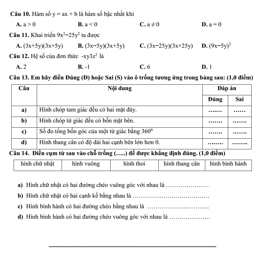 Đề thi Học kì 1 Toán 8 năm 2024-2025 trường TH - THCS Thắng Lợi (Kon Tum)