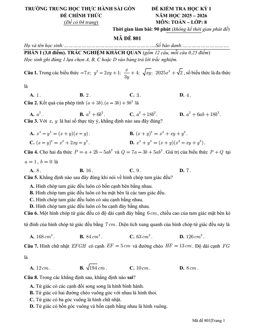 Đề thi Học kì 1 Toán 8 trường Thực hành Sài Gòn (Tp.HCM) năm 2025-2026