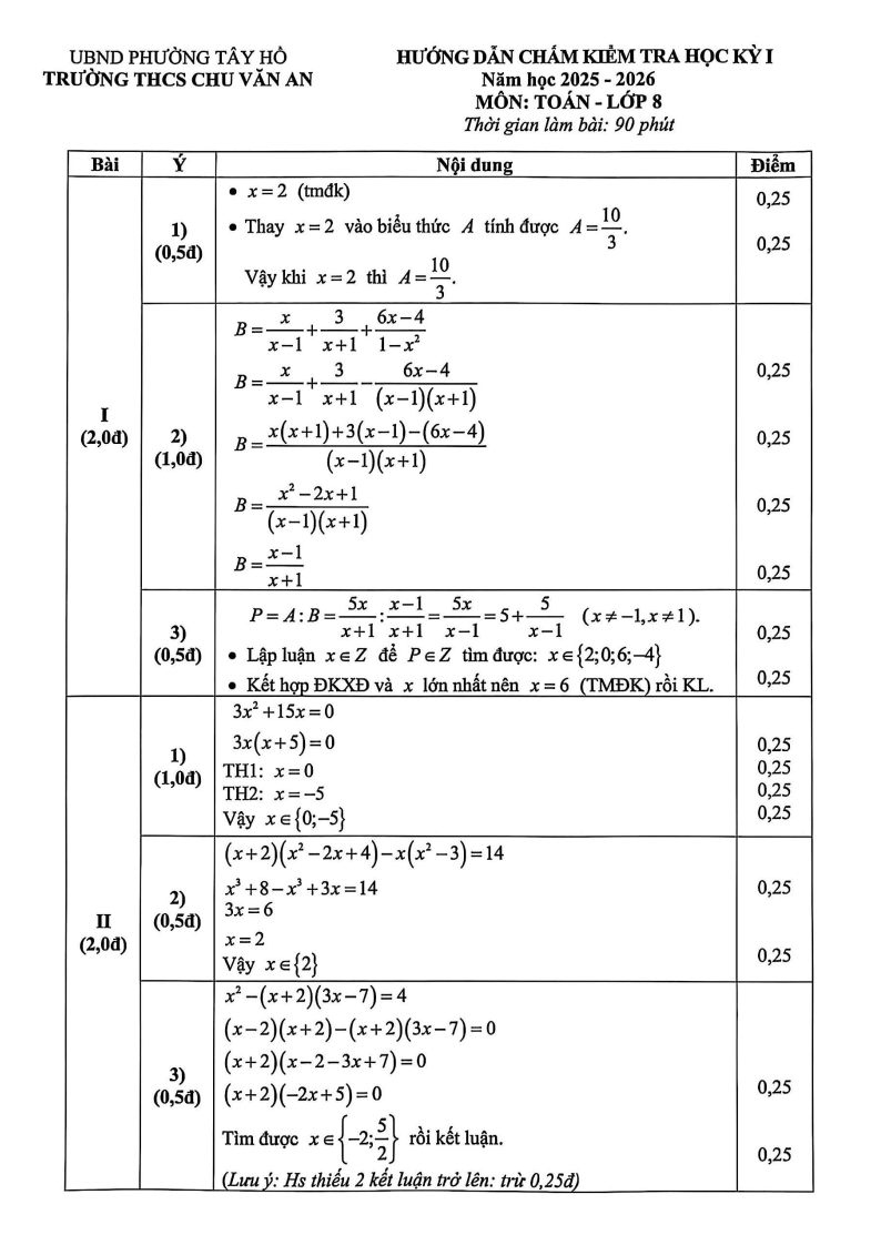 Đề thi Học kì 1 Toán 8 trường THCS Chu Văn An (Hà Nội) năm 2025-2026