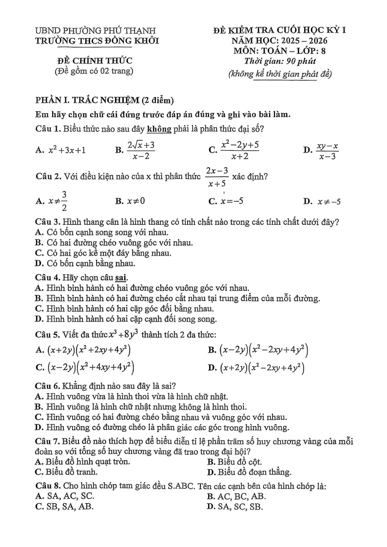 Đề thi Học kì 1 Toán 8 trường THCS Đồng Khởi (Tp.HCM) năm 2025-2026
