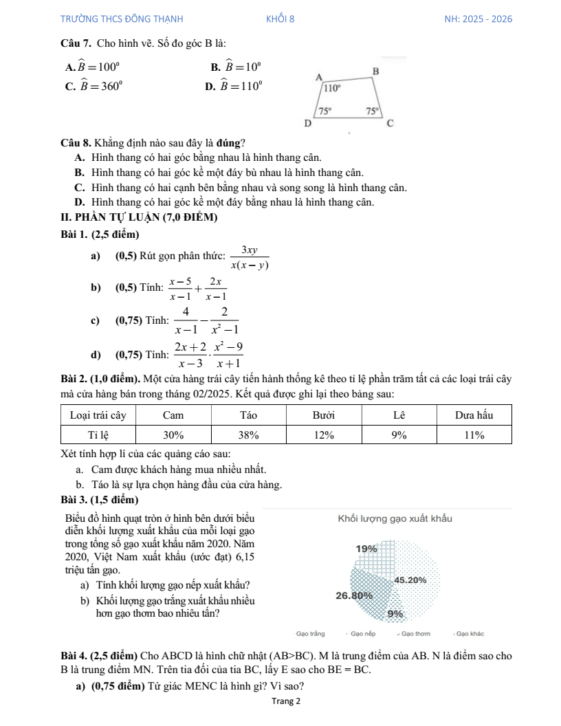 Đề thi Học kì 1 Toán 8 trường THCS Đông Thạnh (Tp.HCM) năm 2025-2026