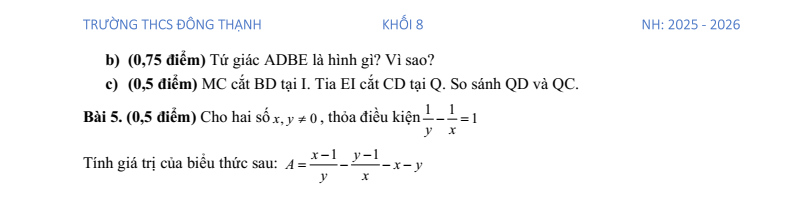 Đề thi Học kì 1 Toán 8 trường THCS Đông Thạnh (Tp.HCM) năm 2025-2026