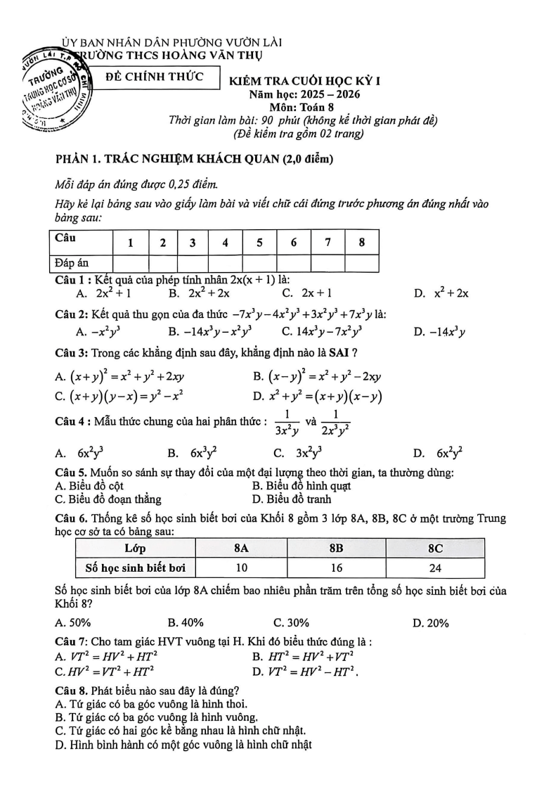 Đề thi Học kì 1 Toán 8 trường THCS Hoàng Văn Thụ (Tp.HCM) năm 2025-2026