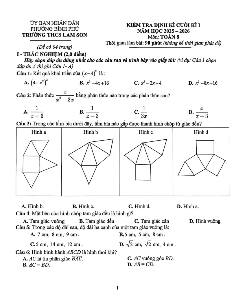 Đề thi Học kì 1 Toán 8 trường THCS Lam Sơn (Tp.HCM) năm 2025-2026
