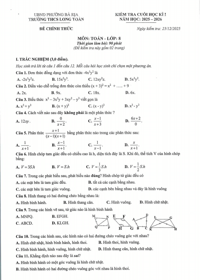 Đề thi Học kì 1 Toán 8 trường THCS Long Toàn (Tp.HCM) năm 2025-2026