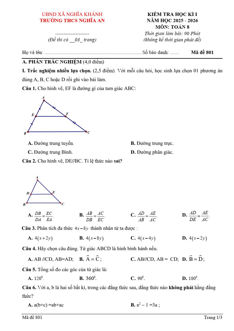 Đề thi Học kì 1 Toán 8 trường THCS Nghĩa An (Nghệ An) năm 2025-2026