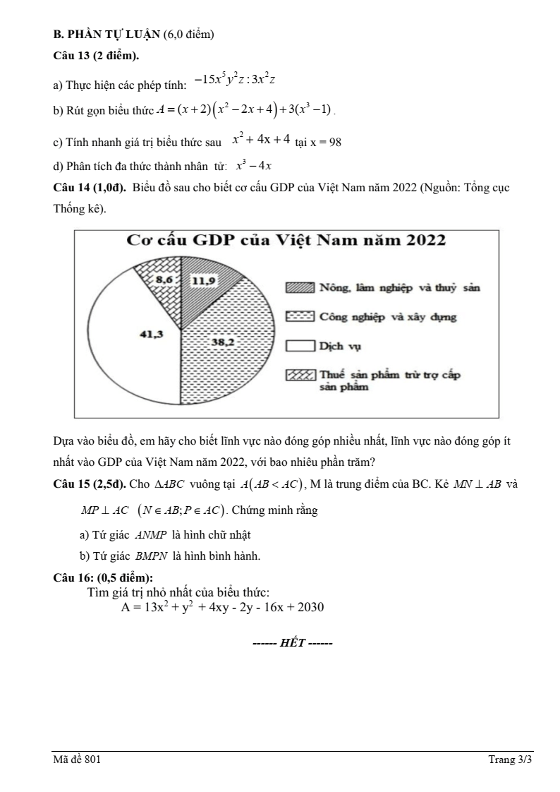 Đề thi Học kì 1 Toán 8 trường THCS Nghĩa An (Nghệ An) năm 2025-2026