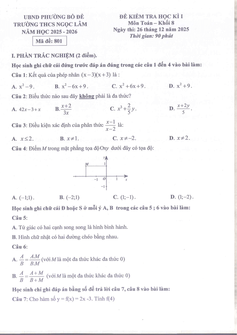 Đề thi Học kì 1 Toán 8 trường THCS Ngọc Lâm (Hà Nội) năm 2025-2026