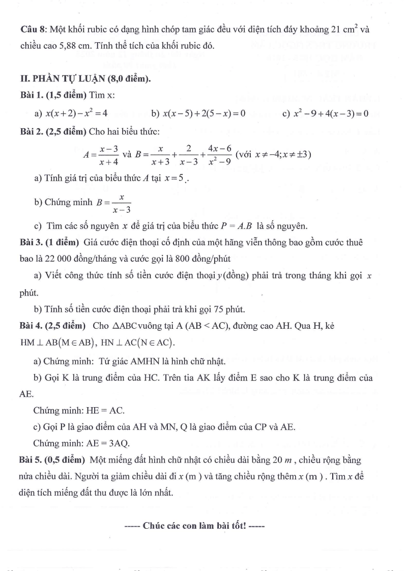 Đề thi Học kì 1 Toán 8 trường THCS Ngọc Lâm (Hà Nội) năm 2025-2026