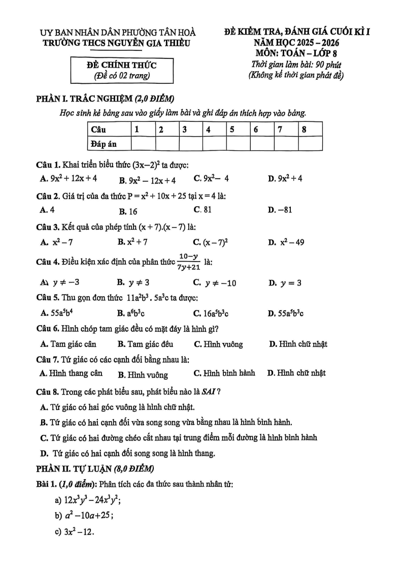Đề thi Học kì 1 Toán 8 trường THCS Nguyễn Gia Thiều (Tp.HCM) năm 2025-2026