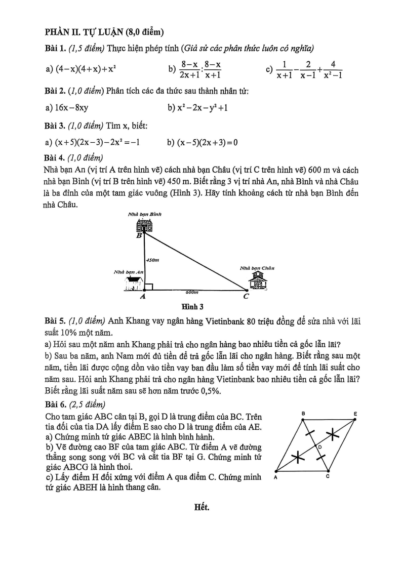Đề thi Học kì 1 Toán 8 trường THCS Phạm Ngọc Thạch (Tp.HCM) năm 2025-2026