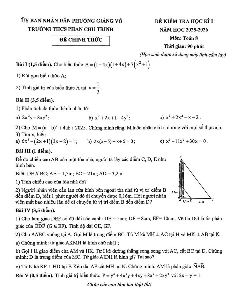 Đề thi Học kì 1 Toán 8 trường THCS Phan Chu Trinh (Hà Nội) năm 2025-2026