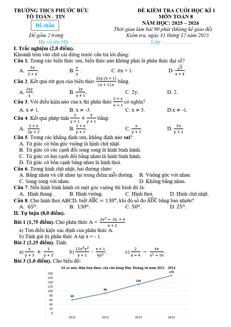 Đề thi Học kì 1 Toán 8 trường THCS Phước Bửu (Tp.HCM) năm 2025-2026