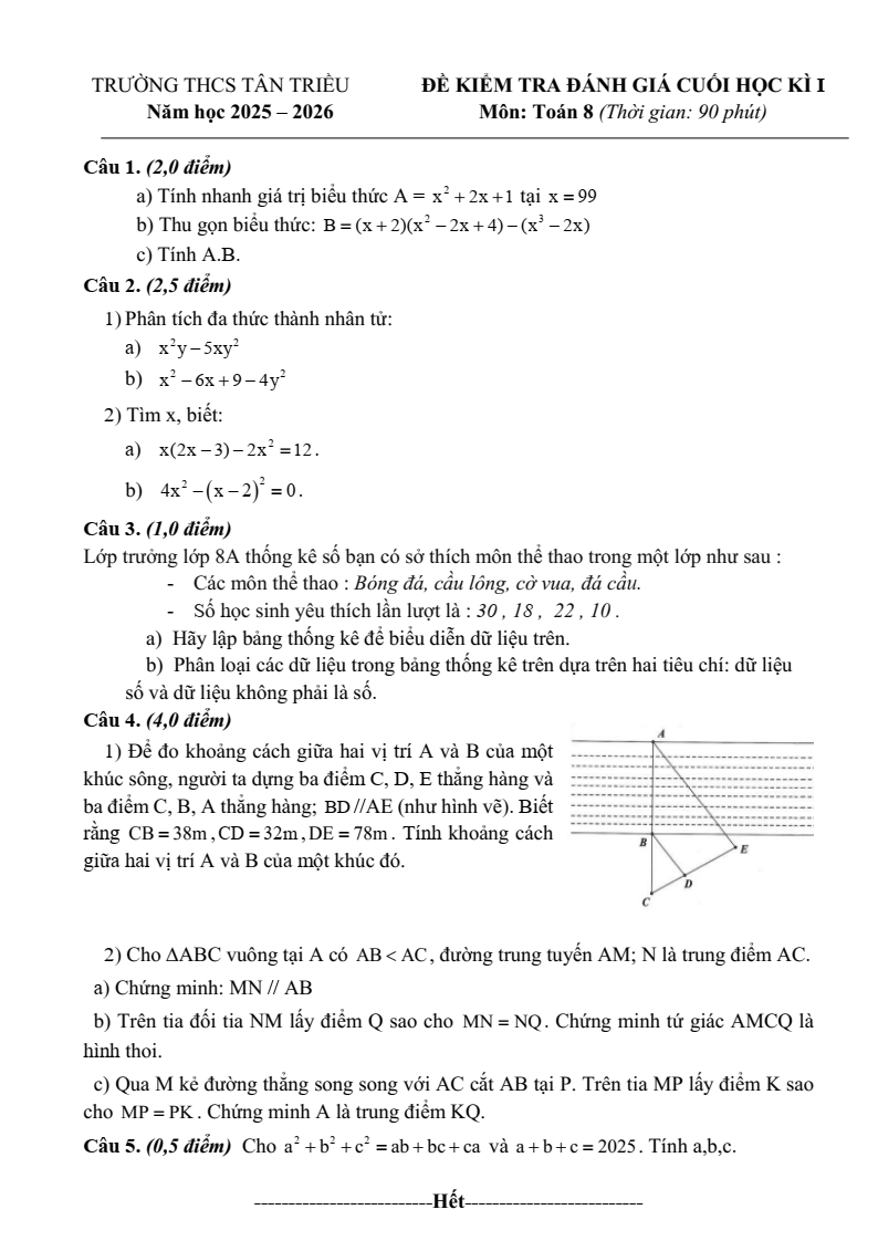 Đề thi Học kì 1 Toán 8 trường THCS Tân Triều (Hà Nội) năm 2025-2026