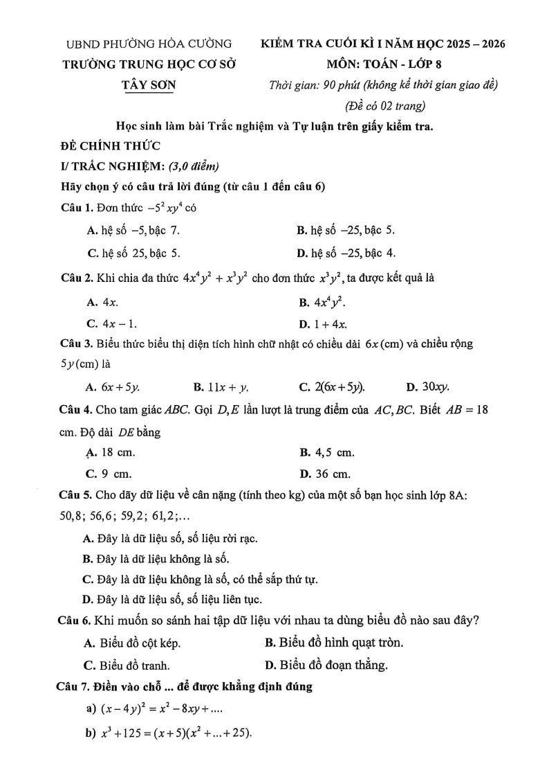Đề thi Học kì 1 Toán 8 trường THCS Tây Sơn (Đà Nẵng) năm 2025-2026