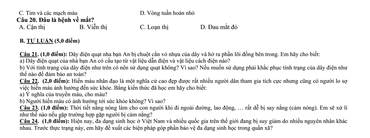 Đề thi Học kì 2 KHTN 8 năm 2024-2025 trường THCS Đông Quang (Nam Định)