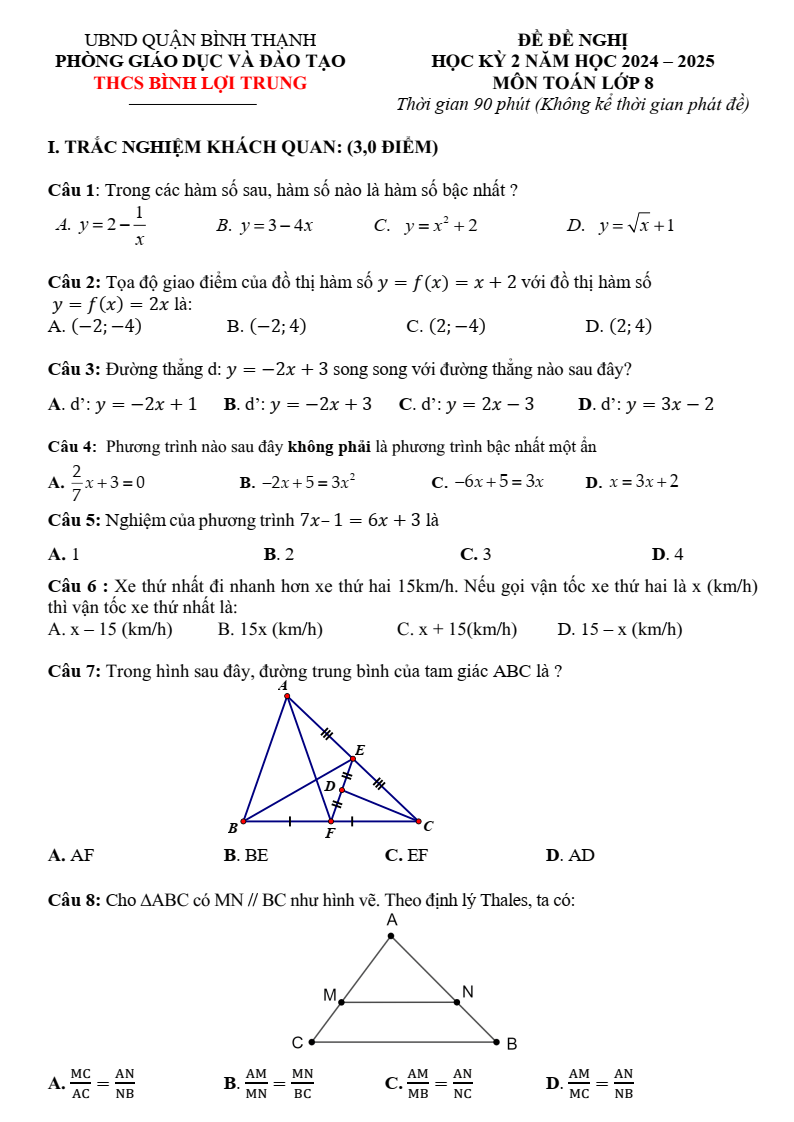 Đề thi Học kì 2 Toán 8 phòng GD&ĐT Bình Thạnh (Tp.HCM) năm 2024-2025