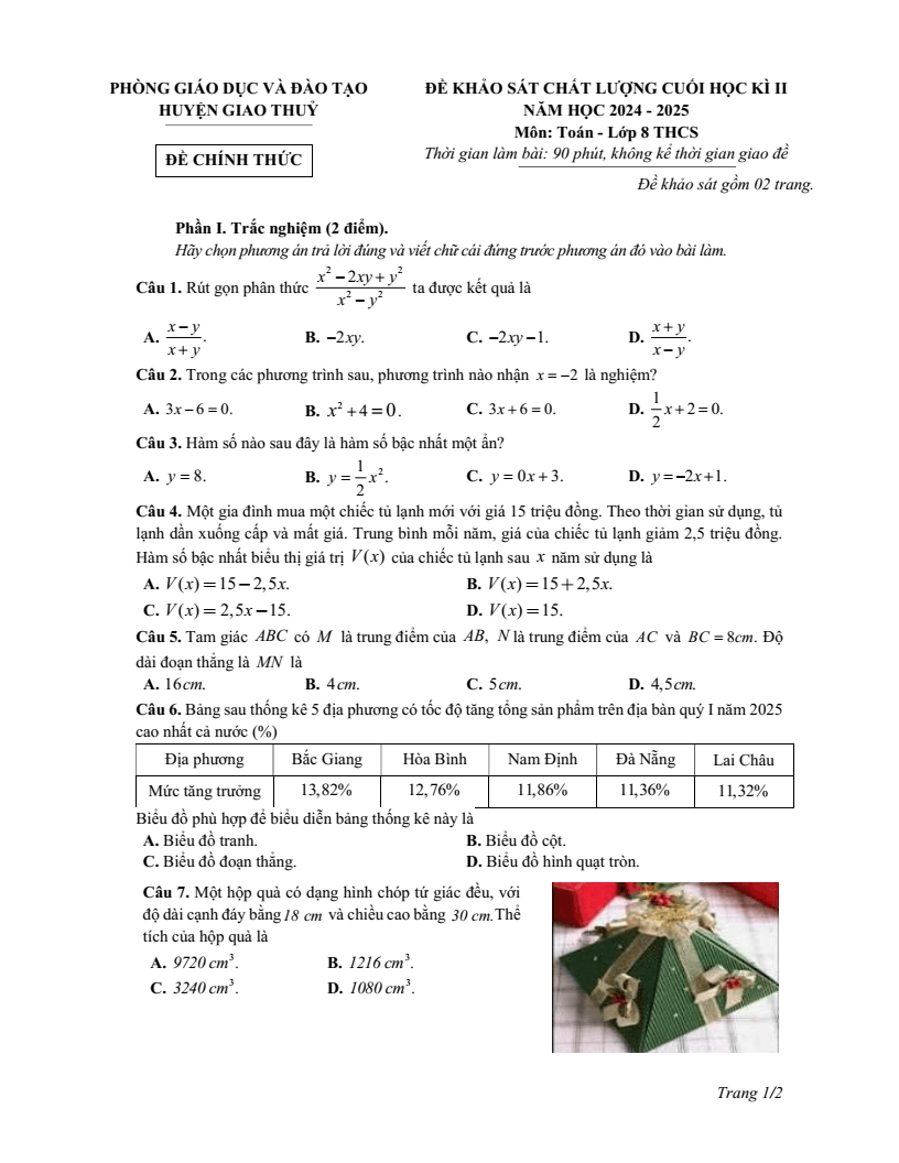 Đề thi Học kì 2 Toán 8 phòng GD&ĐT Giao Thủy (Nam Định) năm 2024-2025